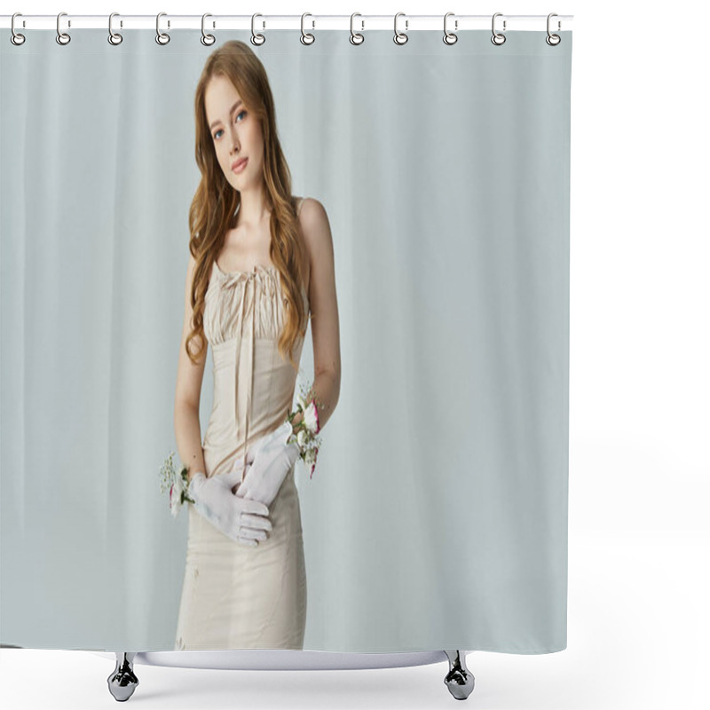 Personality  A Beautiful Young Woman Stands Gracefully, Highlighting Floral Accents. Shower Curtains