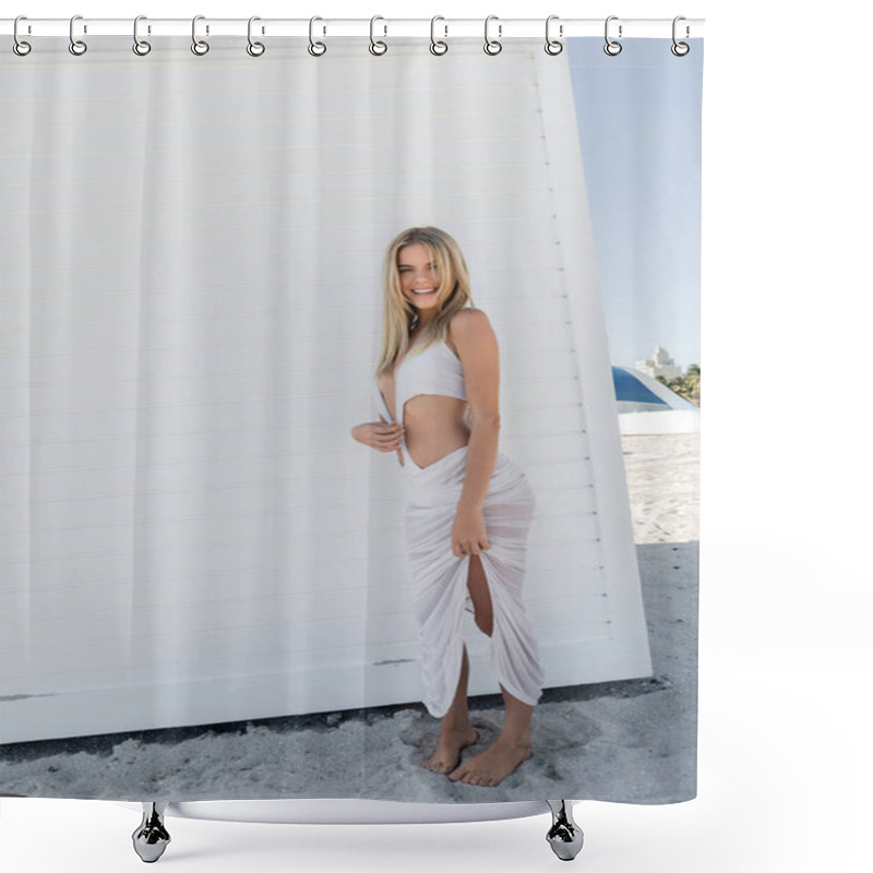 Personality  A Young, Beautiful Blonde Woman Standing Confidently In Front Of A Plain White Wall, Exuding Elegance And Grace. Shower Curtains