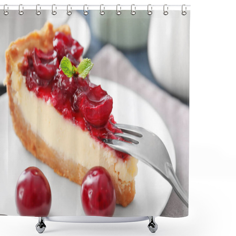 Personality  Delicious Cheesecake With Cherries On Plate, Closeup Shower Curtains