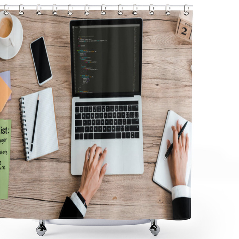 Personality  Top View Of Woman Using Laptop With Computer Codes Near Smartphone With Blank Screen Shower Curtains