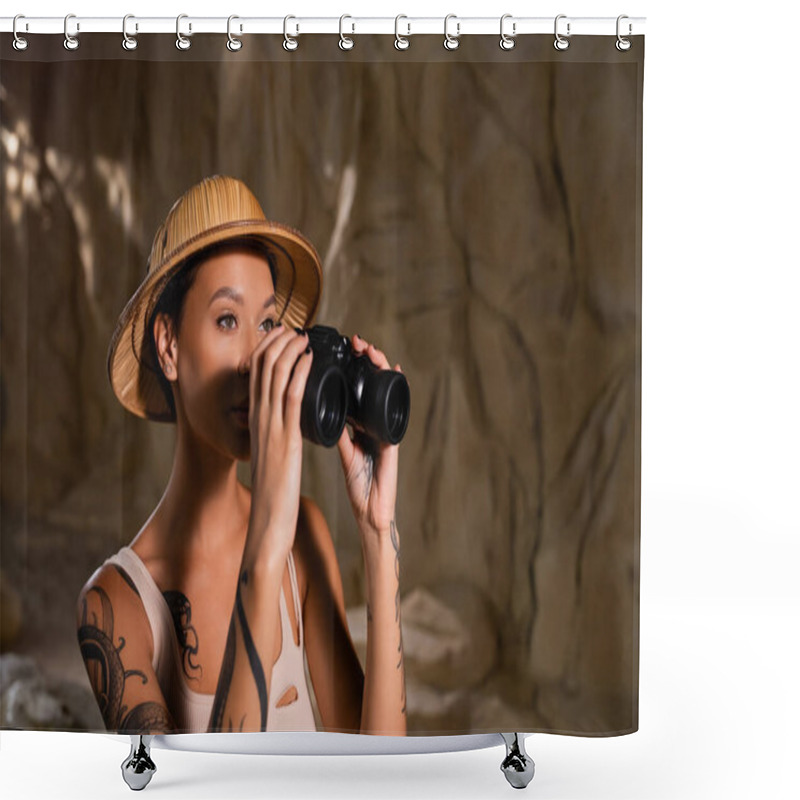 Personality  Tattooed Explorer In Safari Hat Looking In Binoculars During Archaeological Expedition Shower Curtains