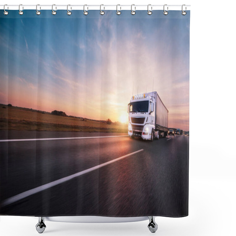 Personality  Truck With Container On Road, Cargo Transportation Concept. Shower Curtains