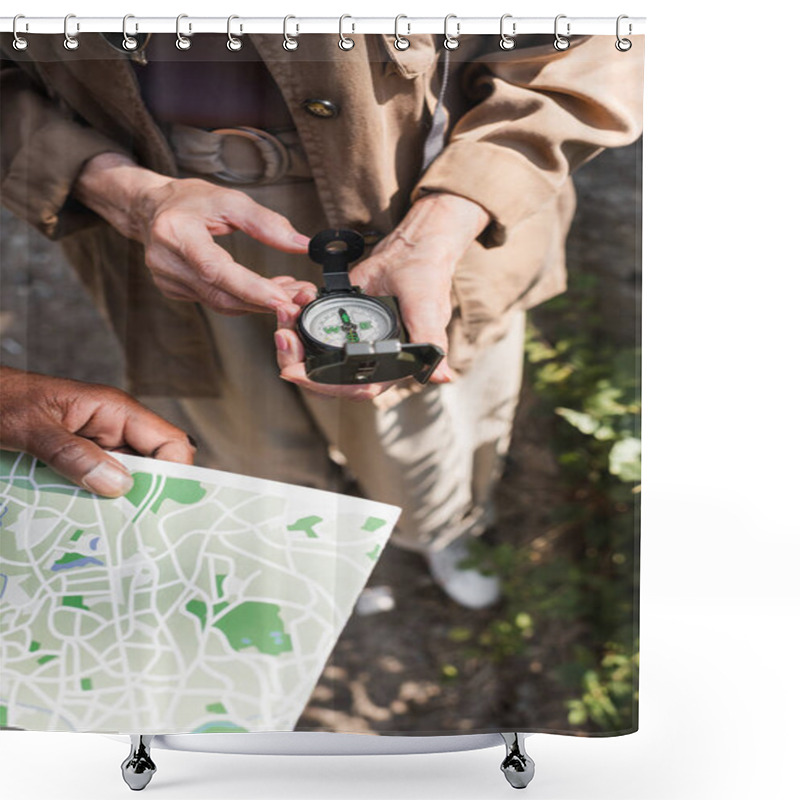 Personality  Cropped View Of African American Man Holding Map Near Senior Wife With Compass  Shower Curtains