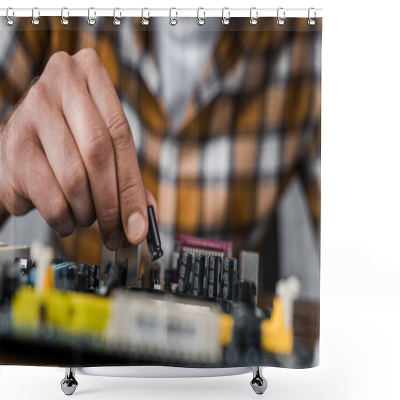 Personality  Cropped Shot Of Computer Engineer Taking Transistor From Motherboard Shower Curtains