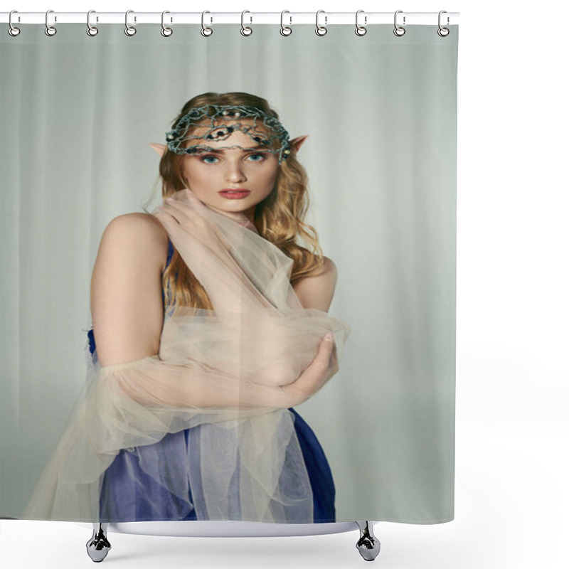 Personality  A Young Woman Adorned In A Veil And Headpiece, Embodying A Fairy Fantasy With An Enchanting Studio Setting. Shower Curtains