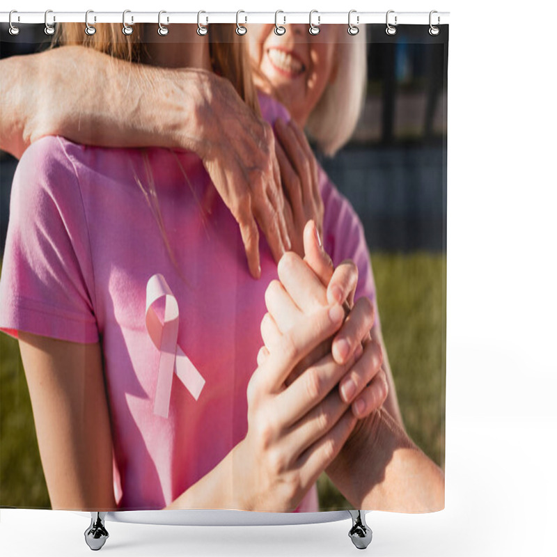 Personality  Selective Focus Of Women Embracing And Holding Hand Outdoors Shower Curtains