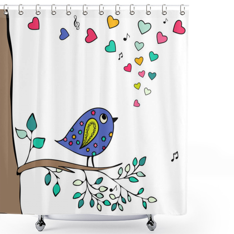 Personality  Blue Bird, Hand-drawn Sitting On A Tree Branch With Hearts Notes. Shower Curtains