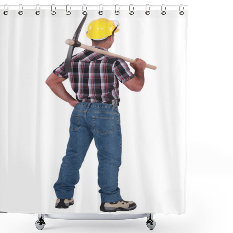 Personality  Bricklayer Seen From Behind With Pickaxe Over His Shoulder Shower Curtains