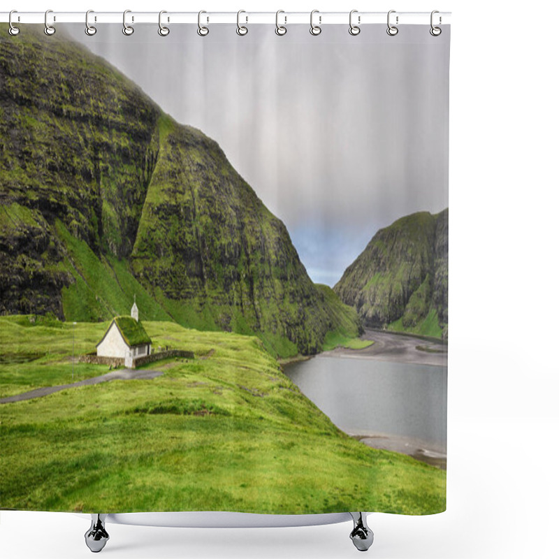 Personality  Village Church And A Lake In Saksun, Faroe Islands, Denmark Shower Curtains