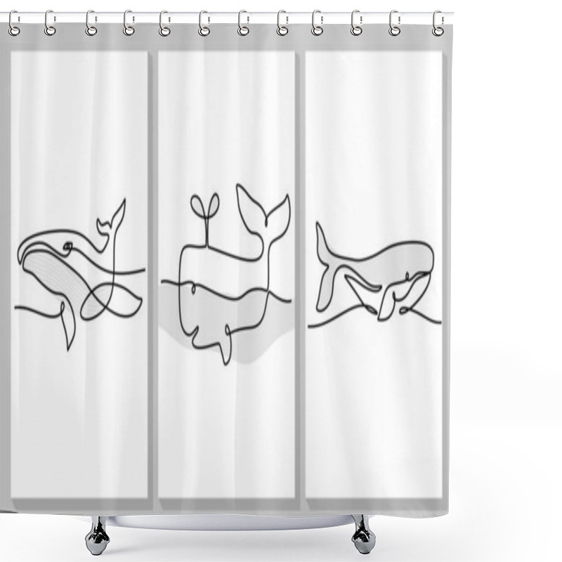 Personality  Continuous One Line Of Three Big Whales Poster For Wallpaper Isolated On White Background. Shower Curtains