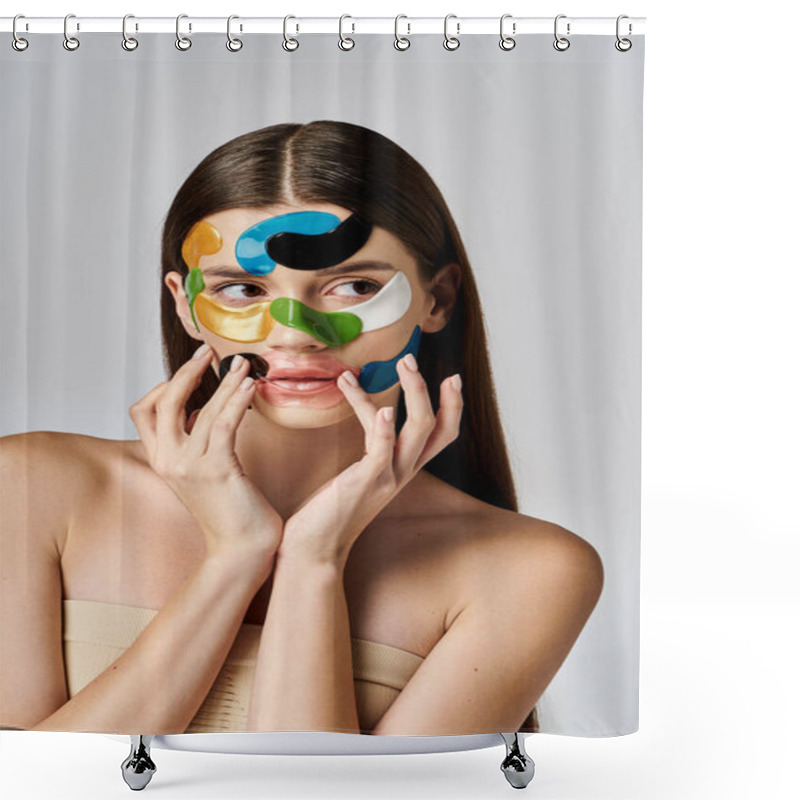 Personality  A Beautiful Young Woman With Eye Patches On Her Face And Hands, Showcasing Artistic Expression And Beauty. Shower Curtains