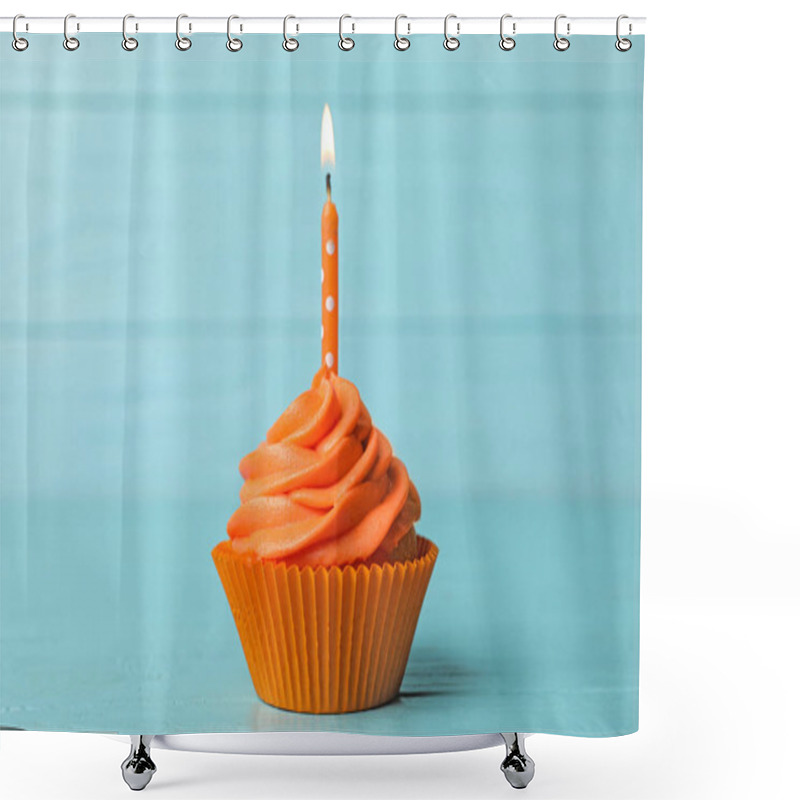 Personality  Delicious Birthday Cupcake With Cream And Burning Candle On Blue Wooden Background Shower Curtains