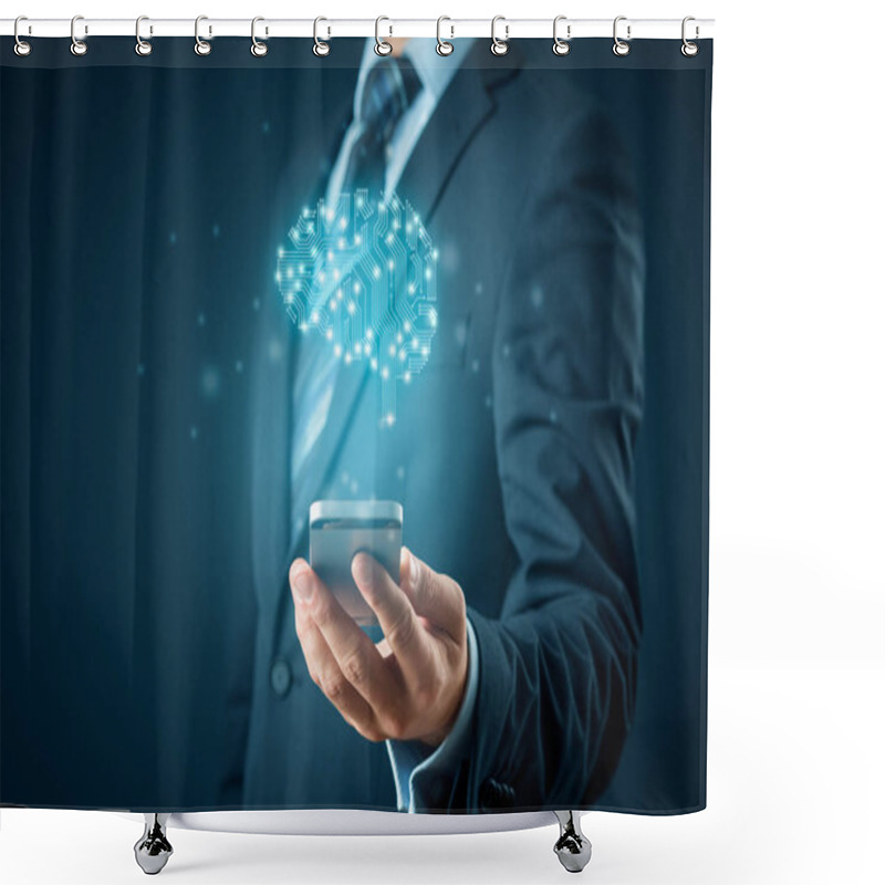 Personality  Artificial Intelligence (AI), Machine Deep Learning, Data Mining, And Another Modern Computer Technologies Concepts. Brain With PCB Design Representing AI And Businessman Holding Smart Mobile Phone. Shower Curtains