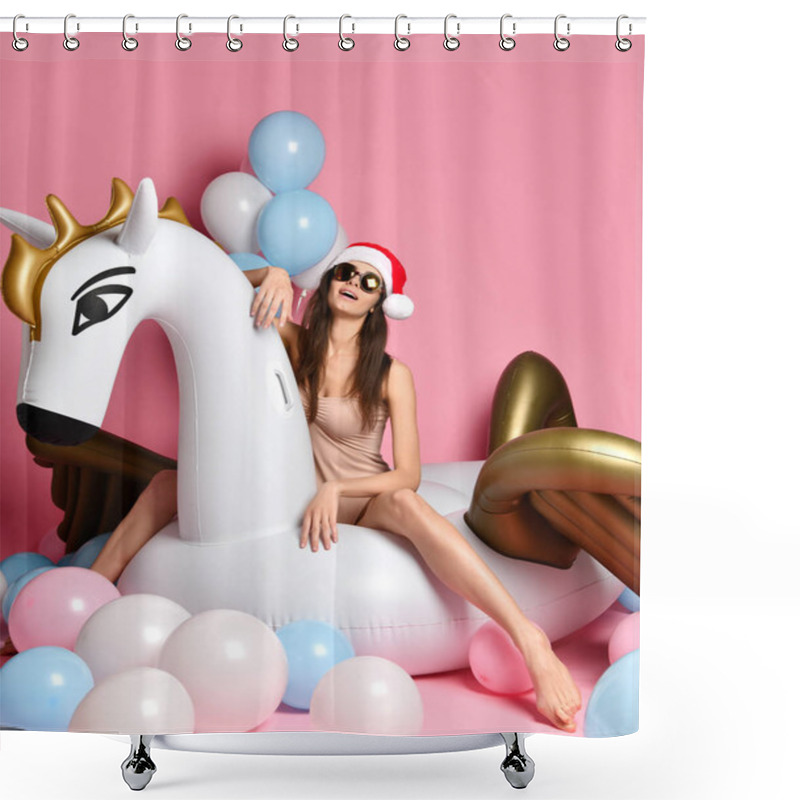 Personality  Young Girl With Pastel Air Balloons On Birthday Holiday Party Having Fun Celebrating With Unicorn Pegasus Float  Shower Curtains