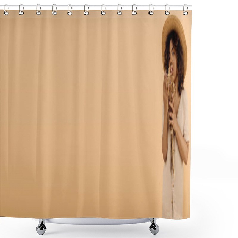 Personality  A Beautiful African-American Woman With Curly Hair, Wearing A Hat, In A Studio Setting. Shower Curtains