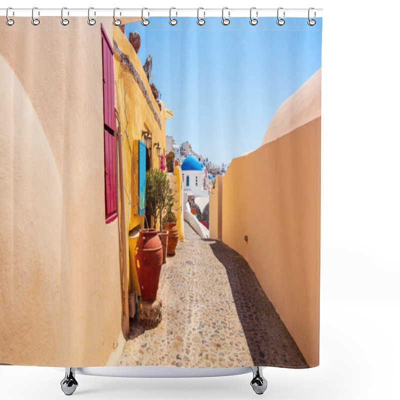 Personality  Blue Domed Church In Oia Village On Beautiful Island Of Santorini In Greece Shower Curtains