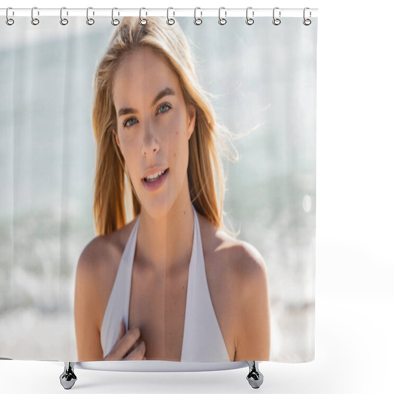 Personality  A Young, Blonde Woman In A White Bikini Stands Gracefully On The Sandy Shores Of Miami Beach Shower Curtains