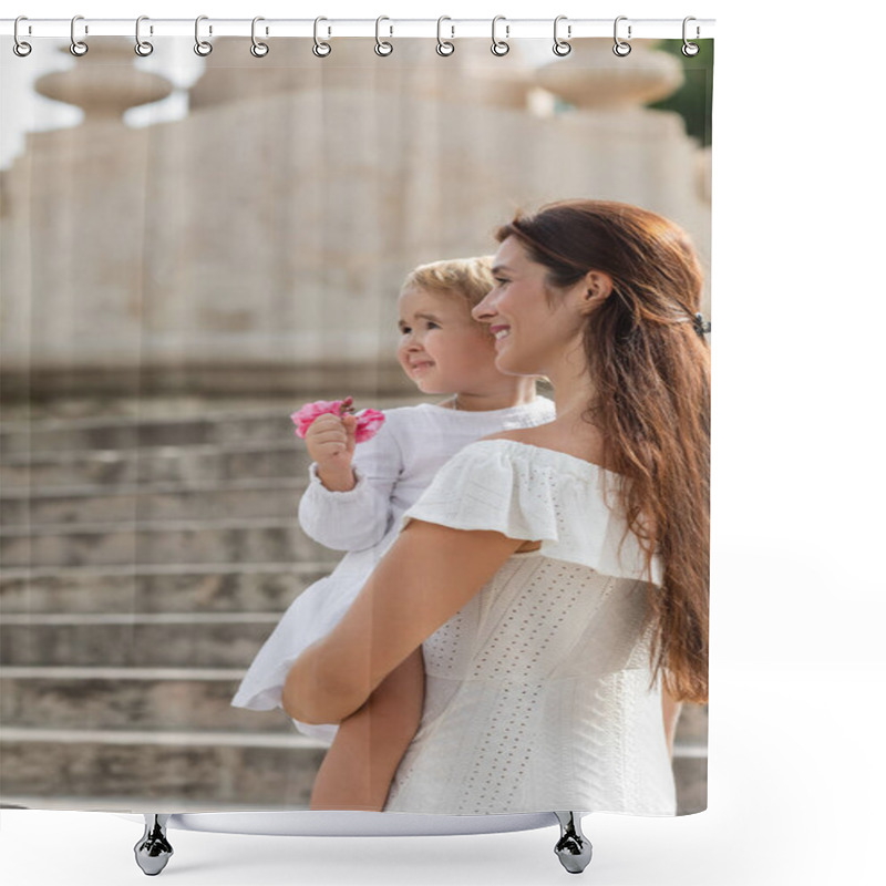 Personality  Positive Mother In Summer Dress Holding Baby Girl With Flowers In Valencia Shower Curtains