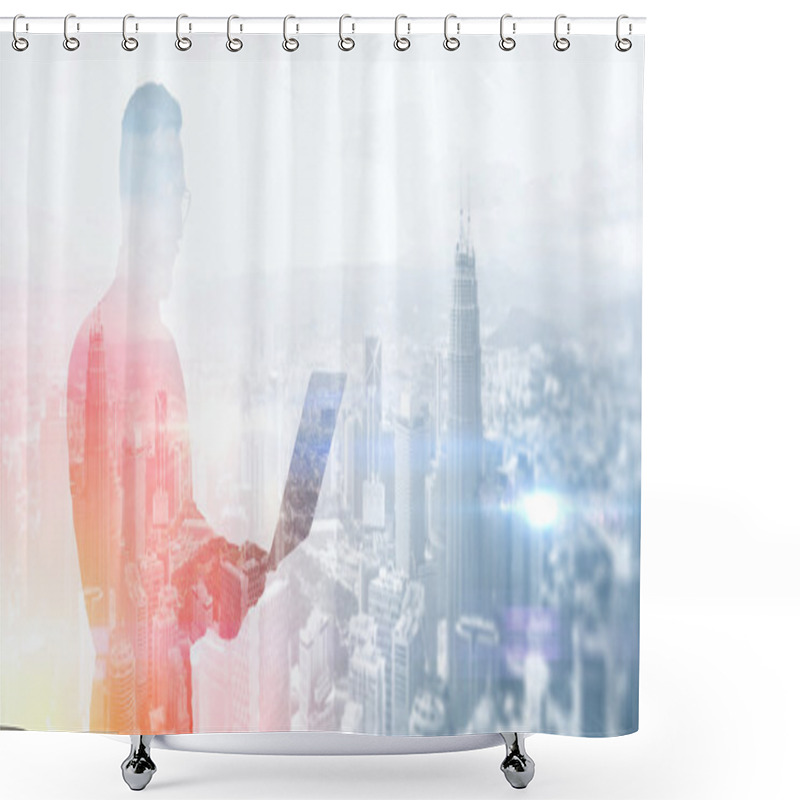 Personality  Double Exposure Photo Bearded Businessman Wearing Black Shirt And Glasses.Banker Holding Contemporary Notebook Hands,work Online Banking.Panoramic View Modern Skyscraper City Background.Horizontal Shower Curtains