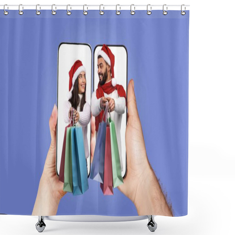 Personality  A Couple In Festive Hats Connects Through Their Smartphones, Exchanging Messages While Showing Colorful Shopping Bags. They Enjoy A Playful Moment Together During The Holiday Season. Shower Curtains