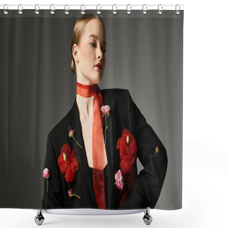 Personality  A Young Woman Poses Gracefully, Surrounded By Elegant Floral Arrangements. Shower Curtains