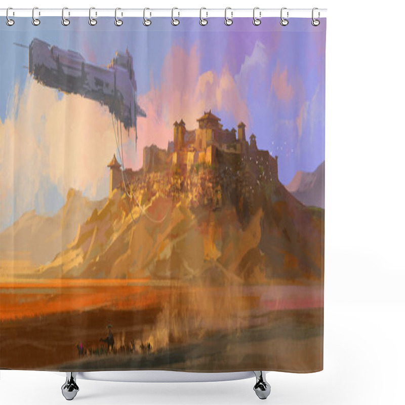 Personality  The Dilapidated Spaceship Floating Above The Gobi, Digital Painting. Shower Curtains