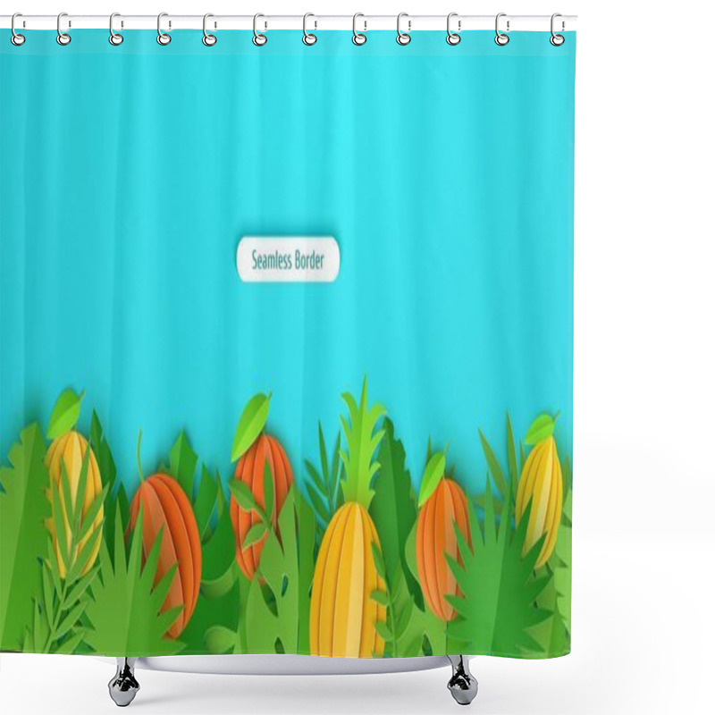 Personality  Seamless Border Of Summer Tropical Leaves An Fruits In Paper Cut Style. Craft Jungle Green Plants Botanic Collection With Shadow. Creative Vector Card Illustration In Paper Cutting Art Style. Shower Curtains