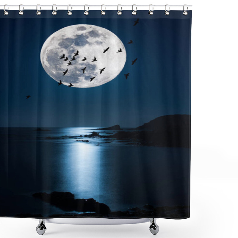 Personality  Night Landscape On The Coast With Super Moon Shower Curtains