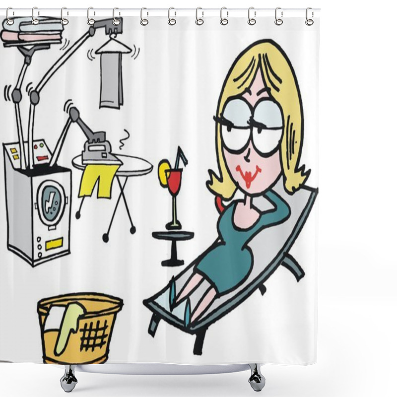 Personality  Woman Relaxing While Robot Does Housework Cartoon Shower Curtains