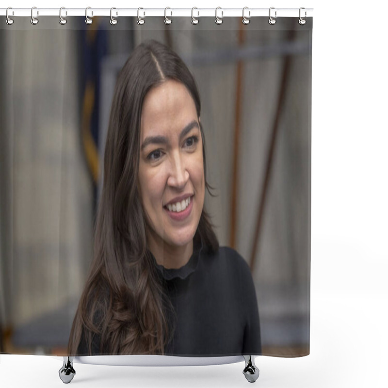 Personality  Rep. Alexandria Ocasio-Cortez Holds A Town Hall In Queens. February 22, 2024, New York, New York, USA: Rep. Alexandria Ocasio-Cortez Poses When She Holds A Town Hall To Deliver Remarks After Five Years Of The Green New Deal At Astoria's PS  Shower Curtains