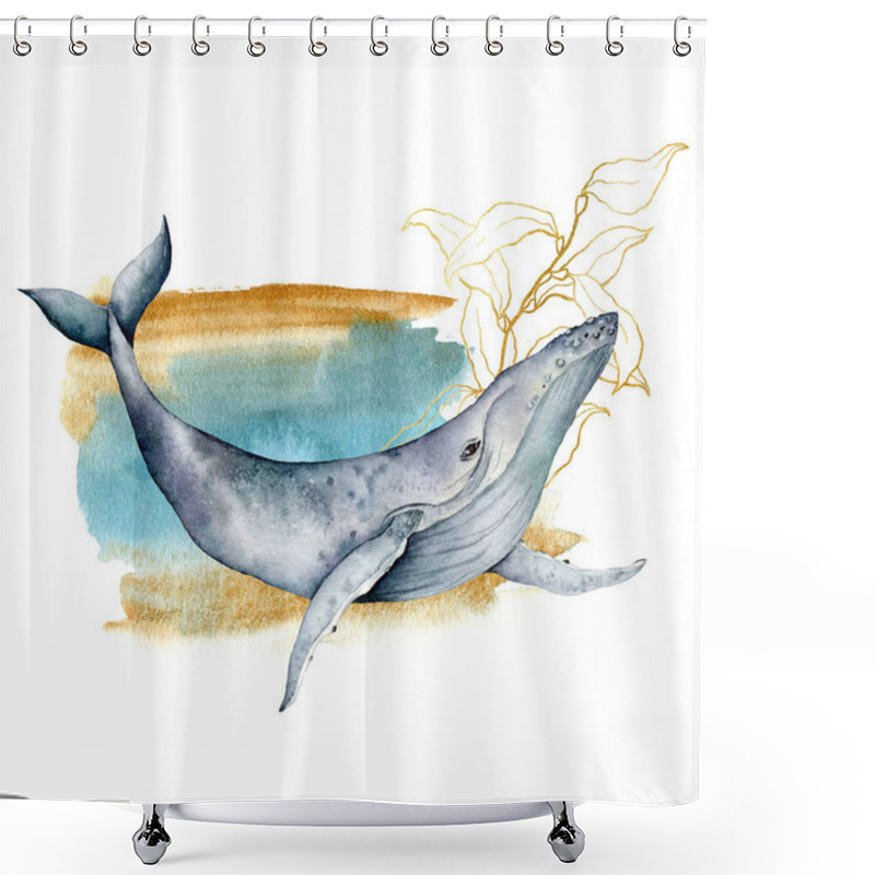 Personality  Watercolor card with blue whale and line art laminaria. Hand painted underwater composition isolated on white background. Wildlife illustrationor for design, fabric prints or background. shower curtains