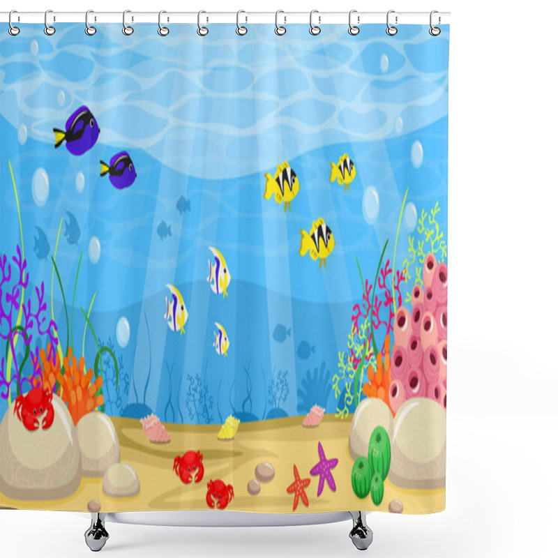 Personality  Vector Illustration Of A Beautiful Summer Seabed. Cartoon Sea Landscape With Fishes, Crabs, Corals, Algae, Starfish, Shells. Shower Curtains