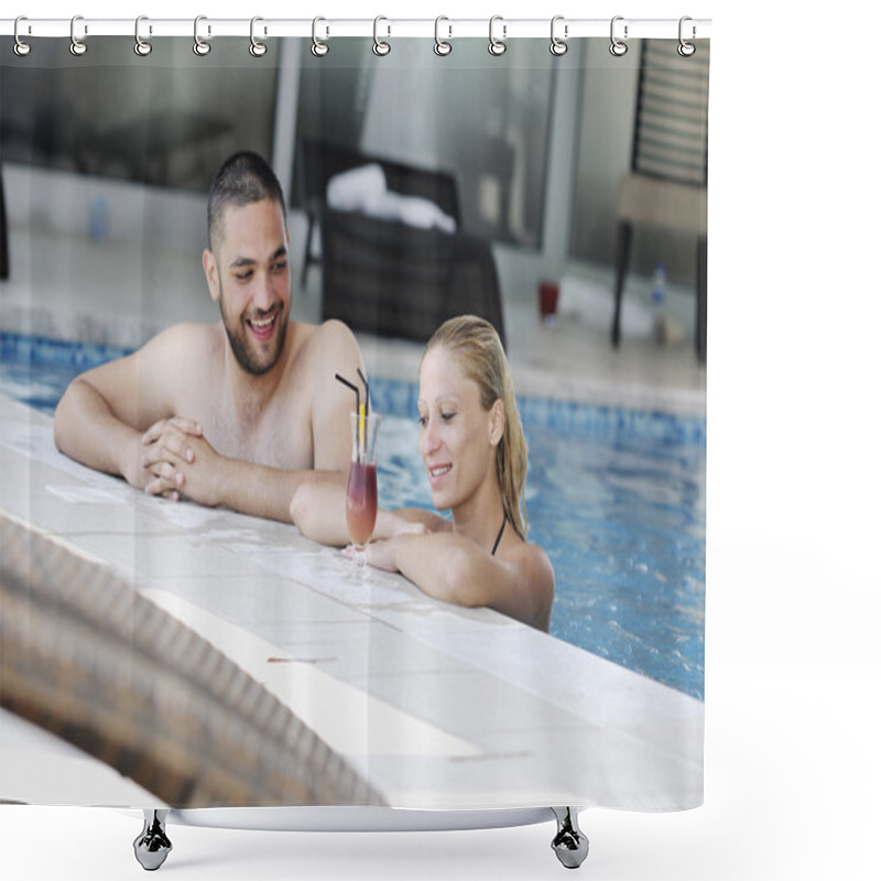 Personality  Happy Young Couple In Love Have Fun Relax And Drink Coctail At Indoor Wellness Swimming Pool Shower Curtains