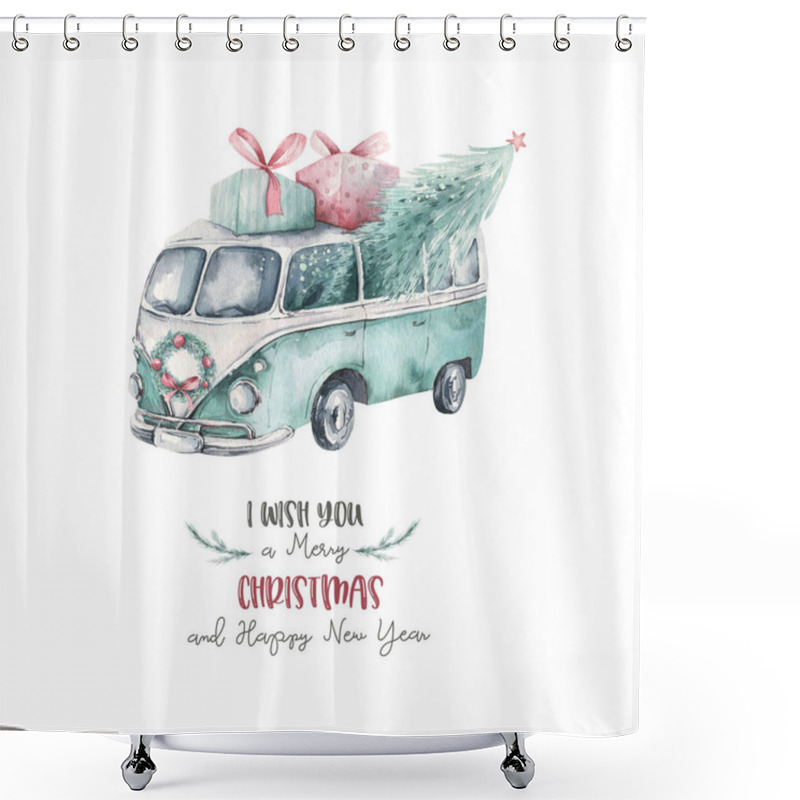 Personality  Watercolor Christmas Holiday Card Transportation Illustration. Merry Xmas Winter Tree Design. New Year Retro Vintage Cars Shower Curtains