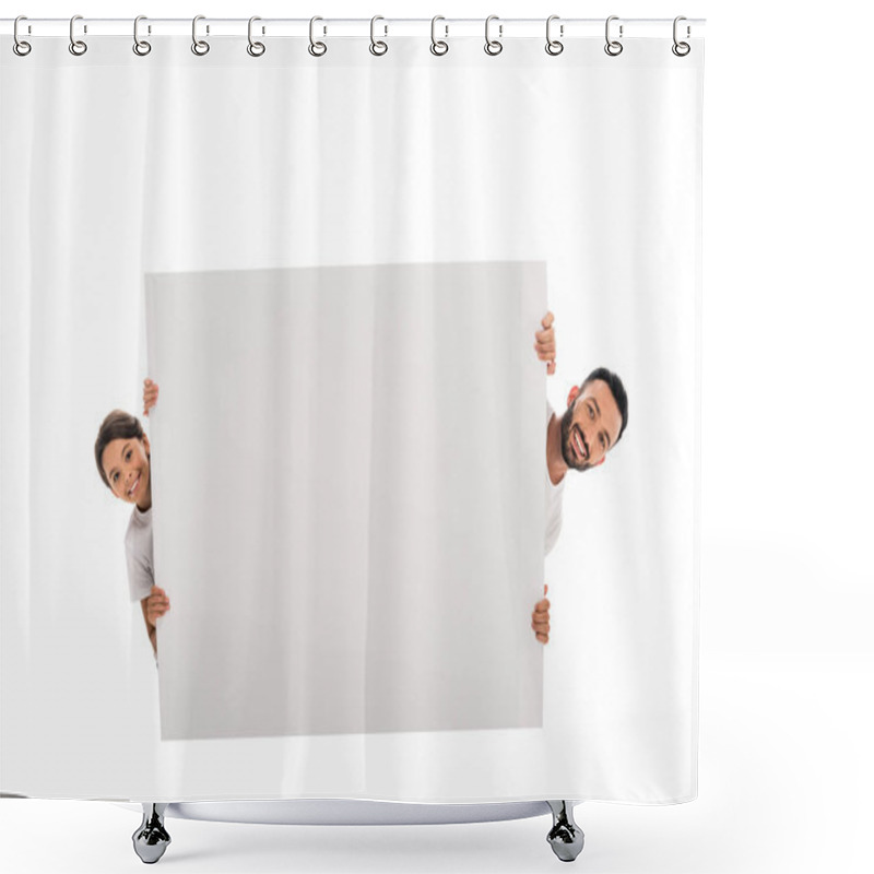 Personality  Cheerful Father And Daughter Near Blank Placard Isolated On White  Shower Curtains