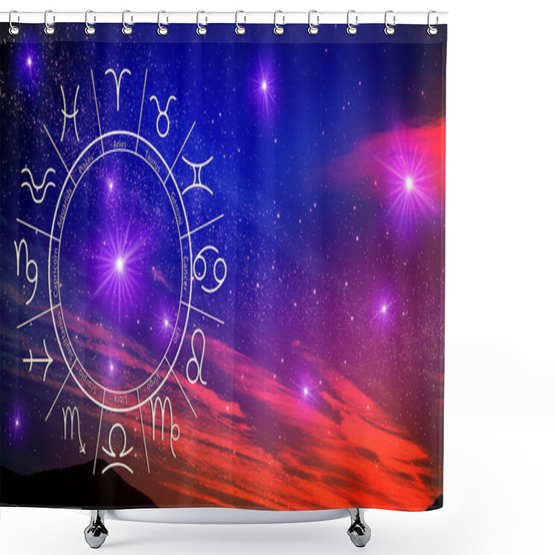 Personality  Zodiac Wheel With Twelve Signs On Starry Sky Background, Space For Text. Horoscopic Astrology Shower Curtains