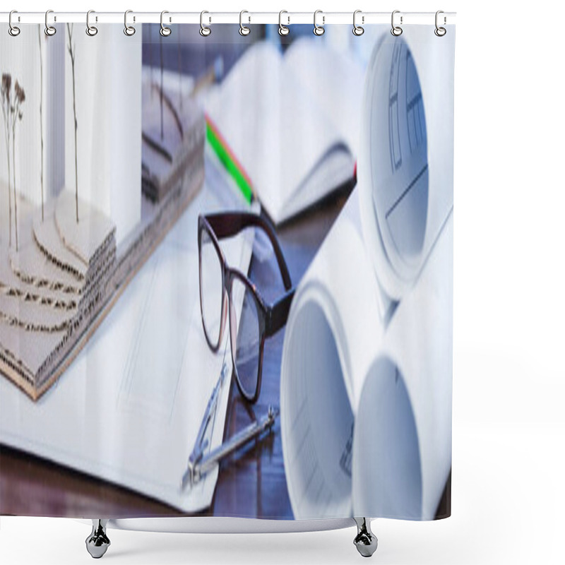 Personality  Blueprints, Architectural Maquette, Eyeglasses And Divider On Desk In Office, Banner Shower Curtains