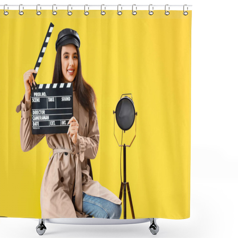 Personality  Female Film Director With Movie Clapper On Yellow Background Shower Curtains