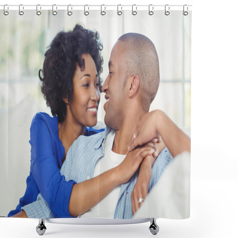 Personality  Portrait Of Smiling Couple On The Sofa Shower Curtains