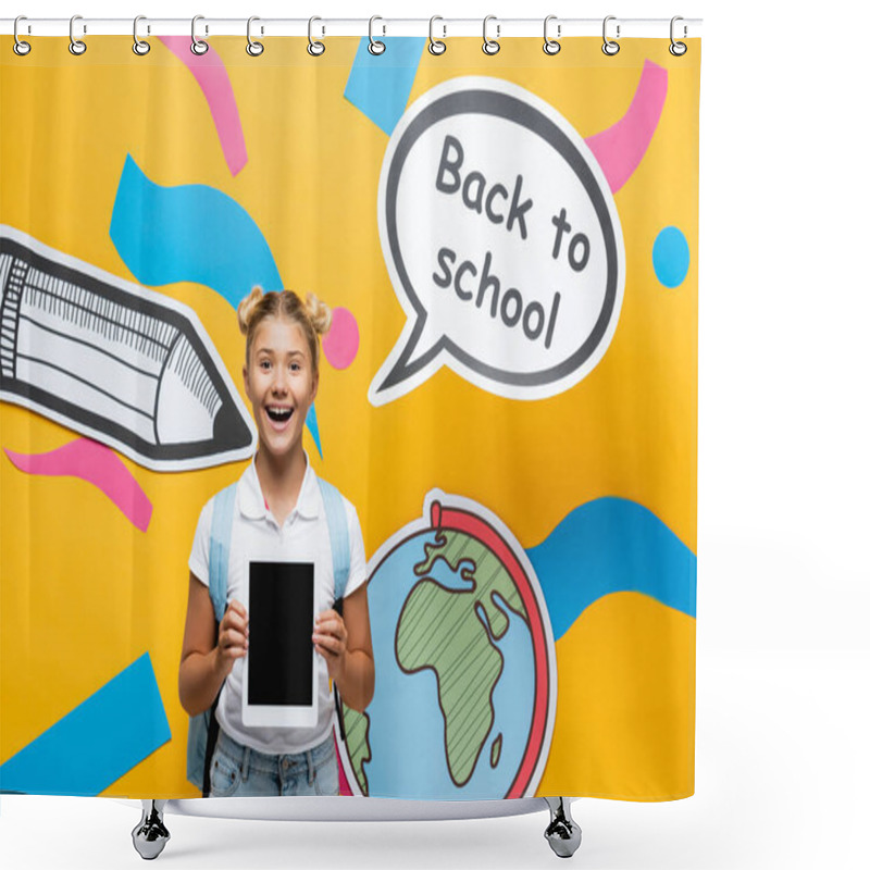 Personality  Schoolkid Holding Digital Tablet With Blank Screen Near Paper Craft And Speech Bubble On Yellow Background Shower Curtains