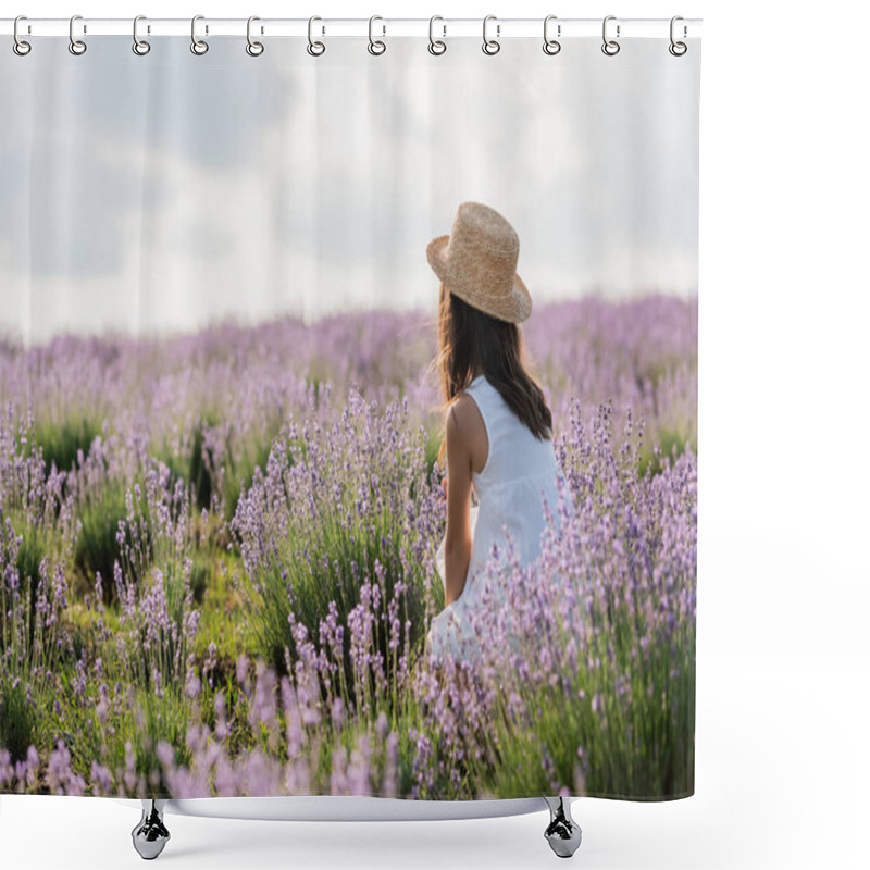 Personality  Back View Of Girl In Straw Hat And White Dress Sitting In Meadow With Lavender Shower Curtains