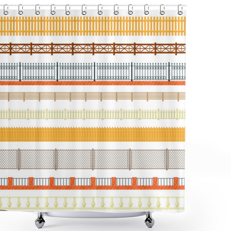 Personality  Varieties Of Fences Set. Long Wood And Welded Iron Beams Wire Mesh Panels Openwork Casting With Hearts Simple Rustic Roughly Knitted Together From Boards Wooden Farmhouse Brick. Decorative Vector. Shower Curtains