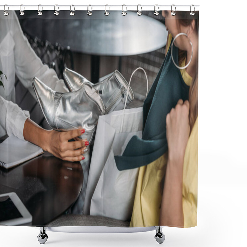 Personality  Cropped Shot Of Women Looking At Just Bought Silver Glossy Boots Shower Curtains