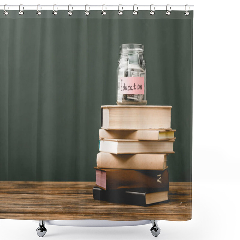 Personality  Stack Of Books And Piggy Bank On Wooden Surface Isolated On Grey Shower Curtains