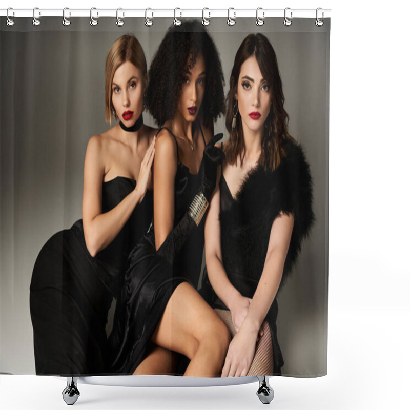 Personality  Three Young, Beautiful Women Of Different Races Pose Elegantly In Stunning Black Dresses On A Grey Background. Shower Curtains