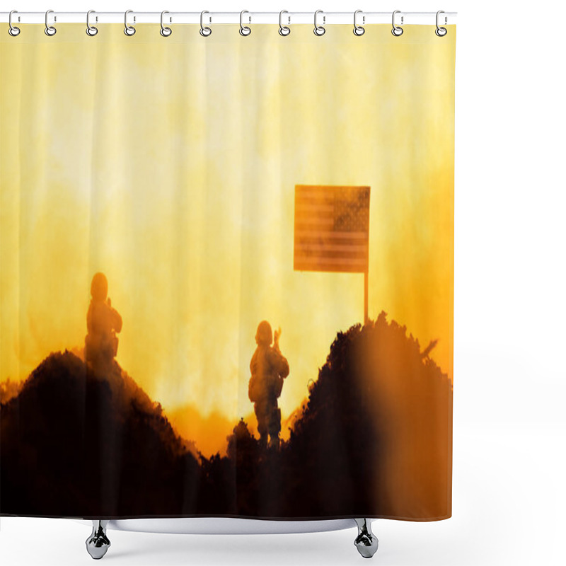 Personality  Battle Scene With Toy Soldiers Near American Flag With Fire At Background Shower Curtains