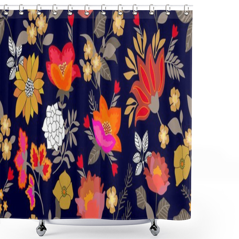 Personality  Folk Art Style Border. Seamless Floral Pattern With Blooming Flowers And Grey Leaves.  Shower Curtains