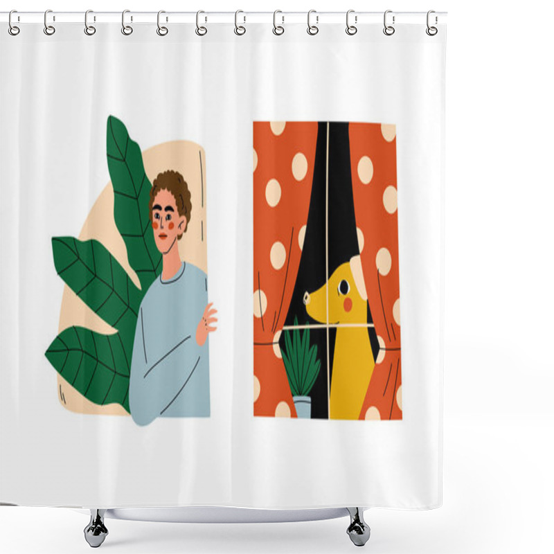 Personality  Young Man And Dog Peeking Out Of Window With Flora Vector Set Shower Curtains