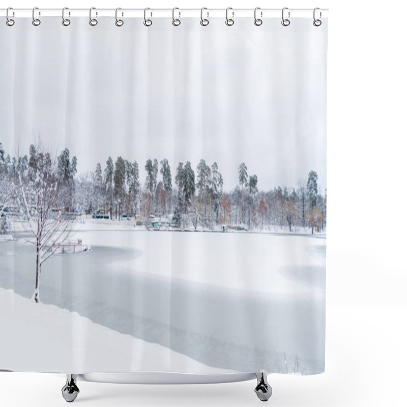 Personality  Beautiful Snow Covered Trees And Frozen Lake In Winter Park  Shower Curtains