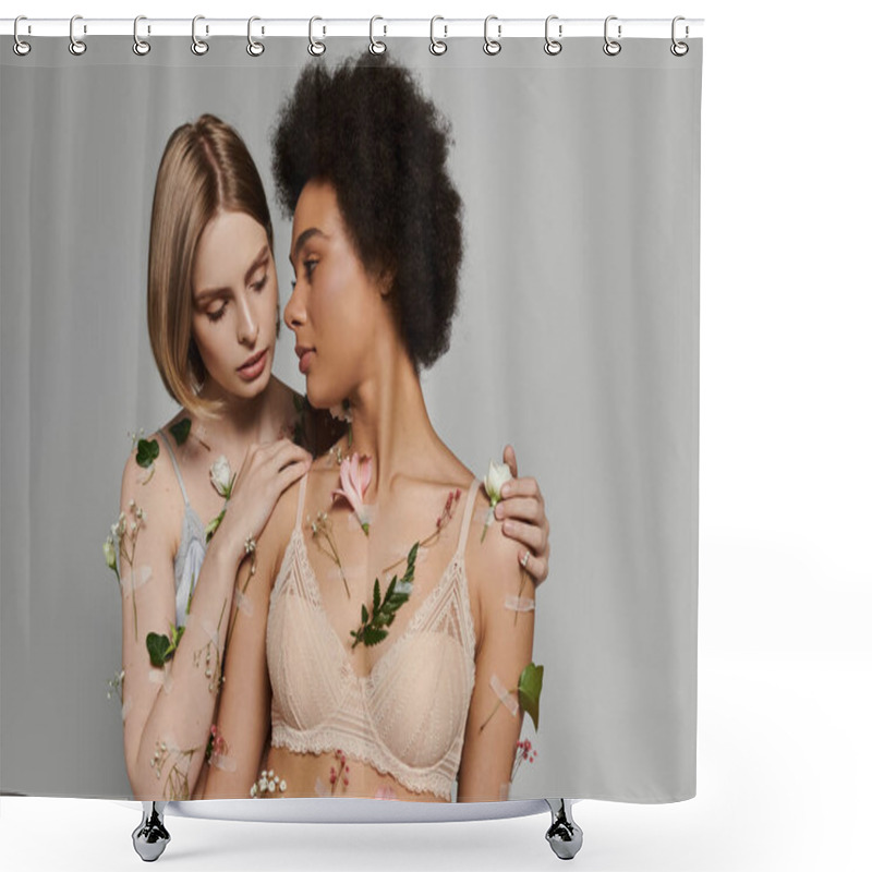 Personality  A Beautiful Couple Enjoys A Tender Moment Adorned With Delicate Flowers. Shower Curtains